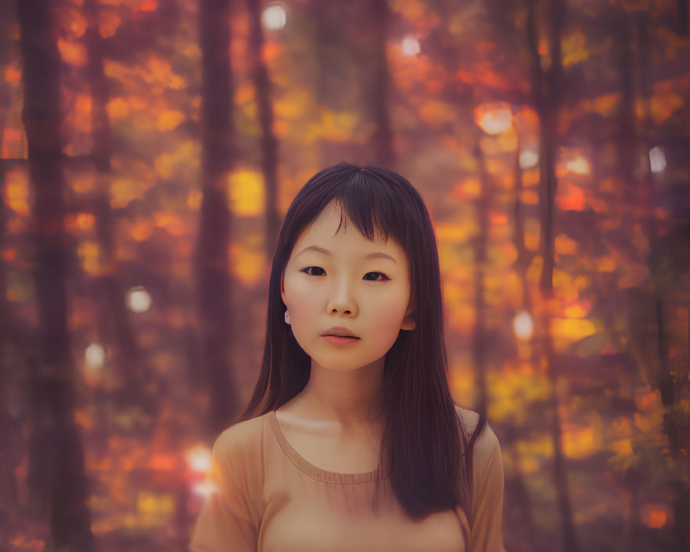 Young woman in autumn forest with sun rays and warm atmosphere