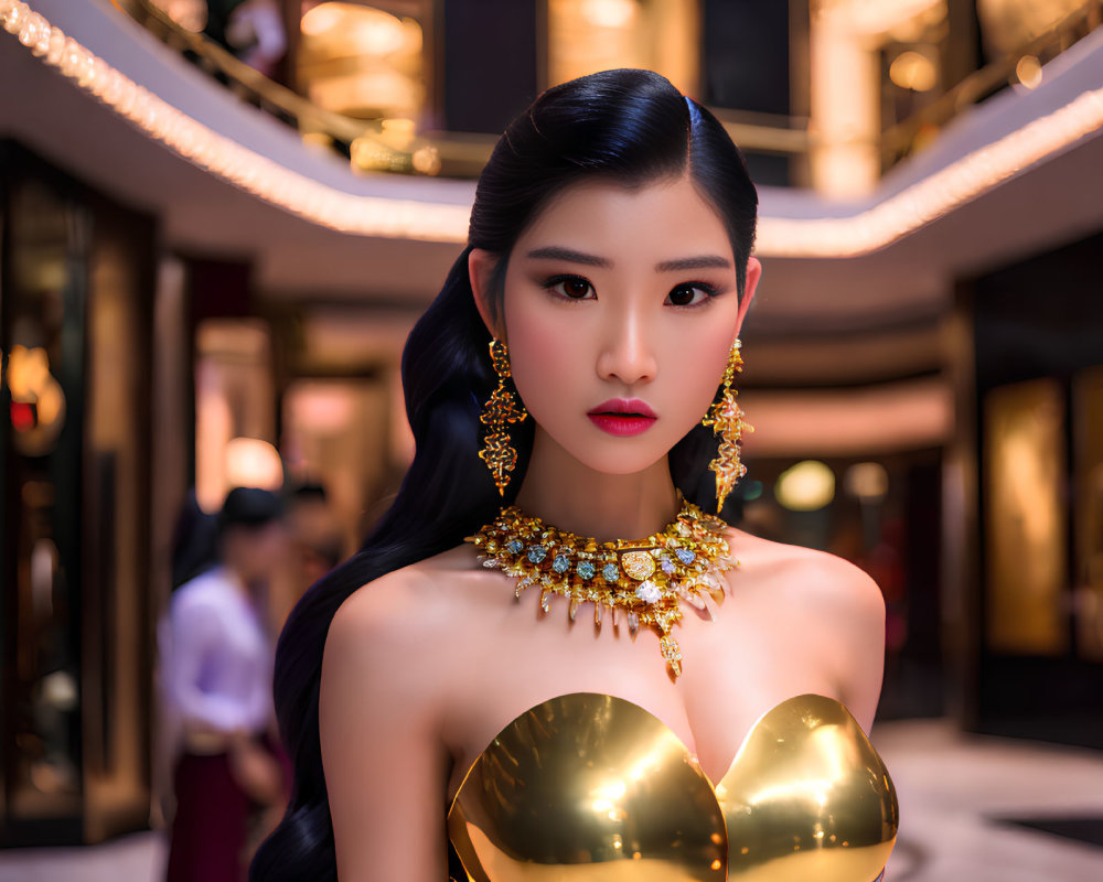 Dark-haired woman in gold dress and red lipstick indoors with ornate jewelry