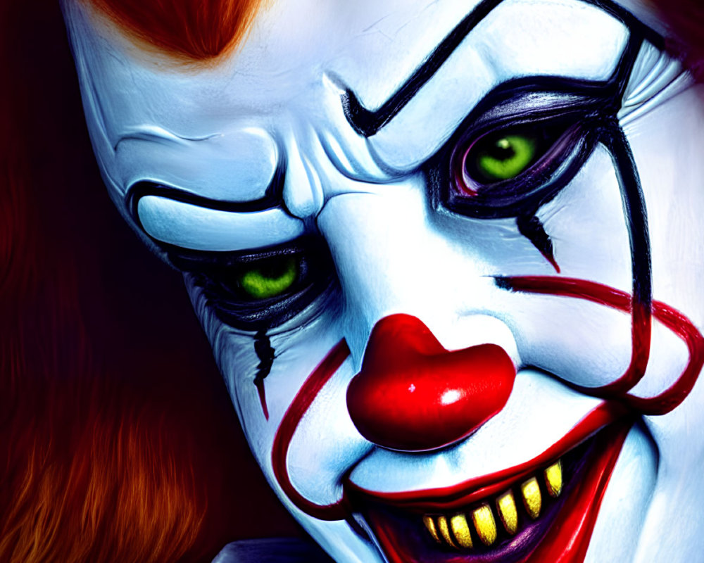 Detailed close-up of a menacing clown with red hair, green eyes, sharp teeth, and white face