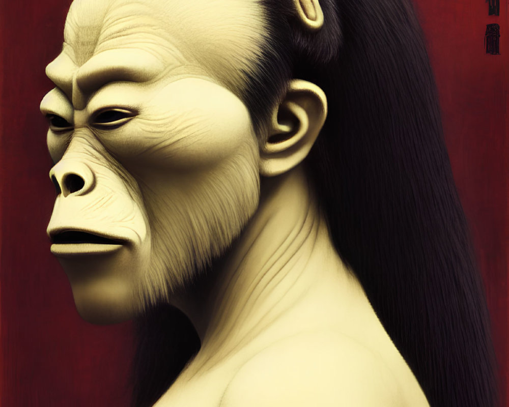 Humanoid with Monkey-Like Features in Solemn Expression on Red Background