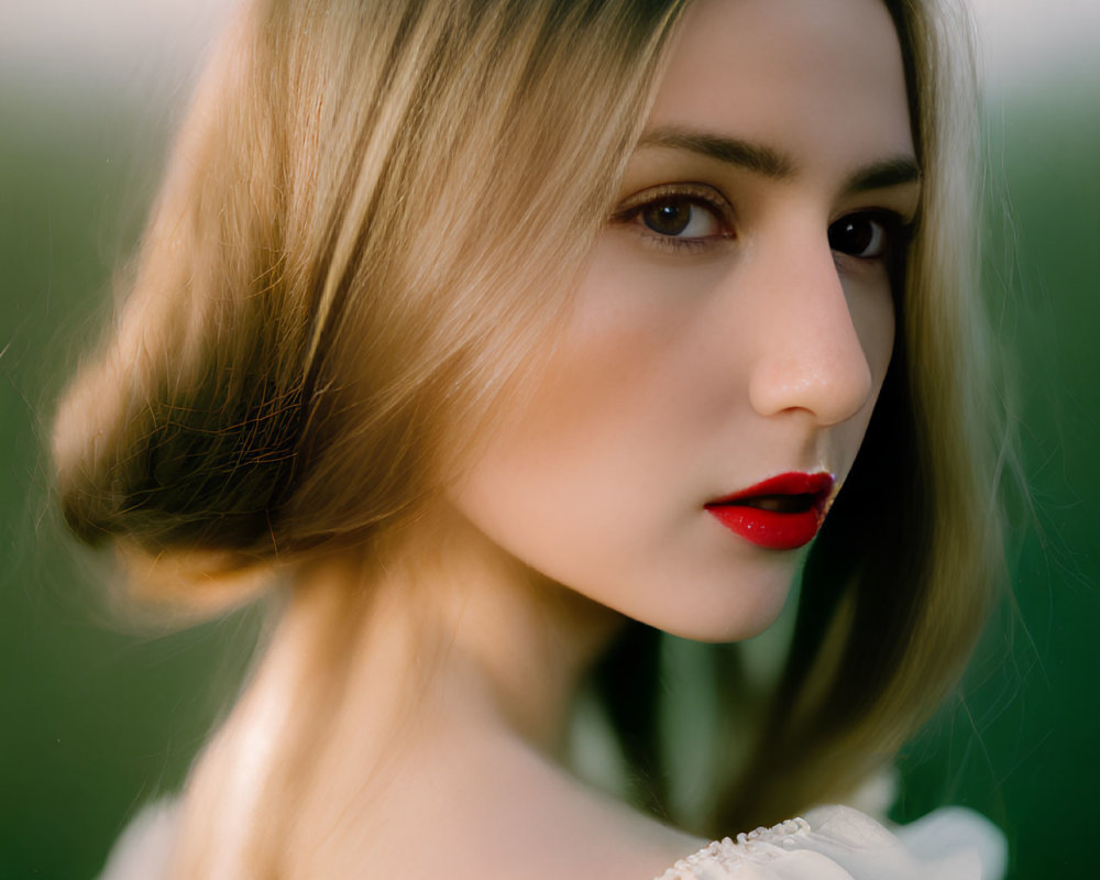 Blonde woman portrait with serious expression and red lipstick