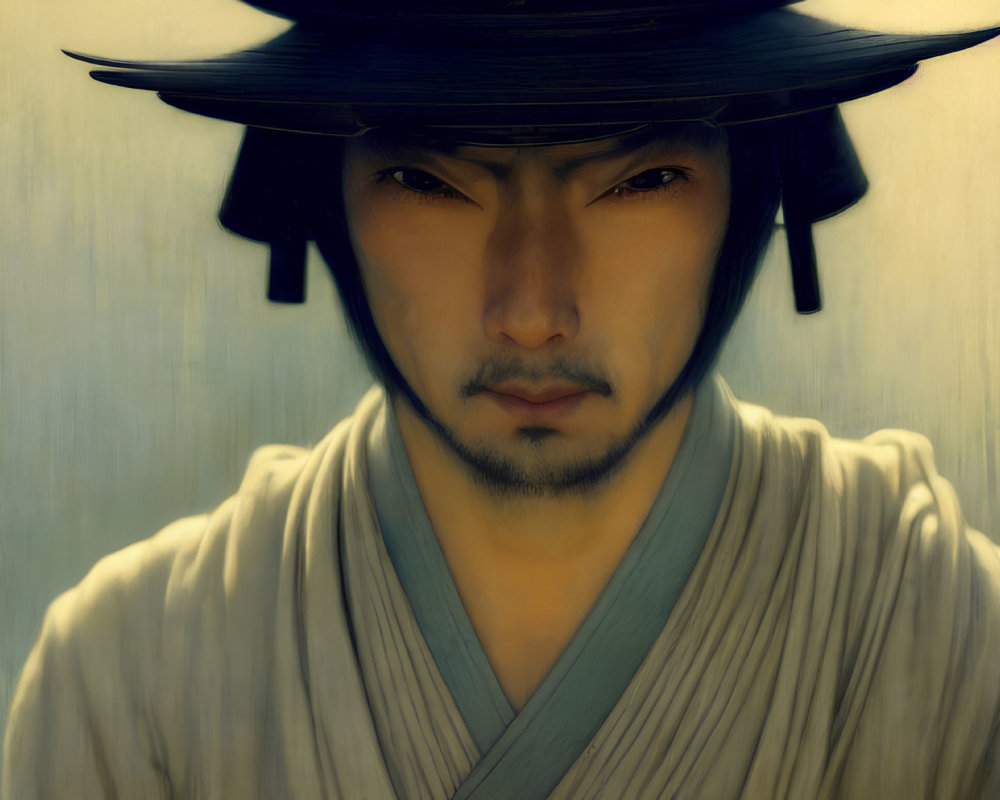 Portrait of a man with East Asian features in black hat, with intense gaze and ancient script.