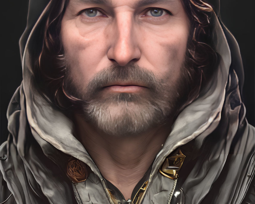 Intense gaze of bearded man in hood with ornate medallions