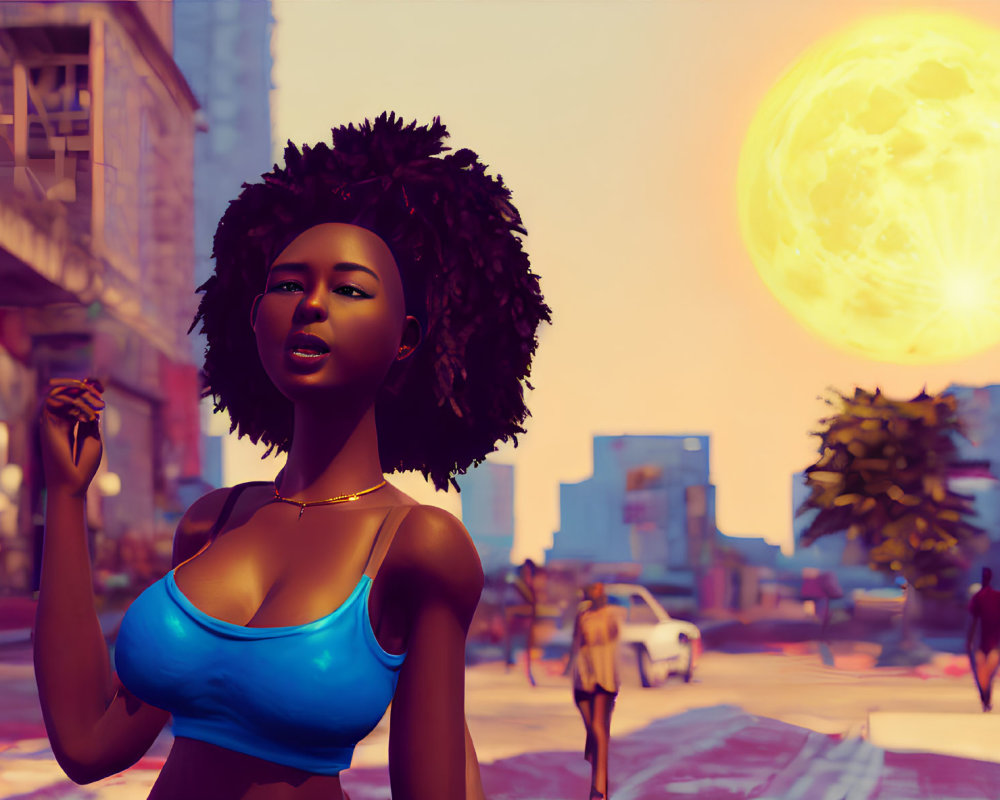 Stylized image of woman with afro and cityscape background