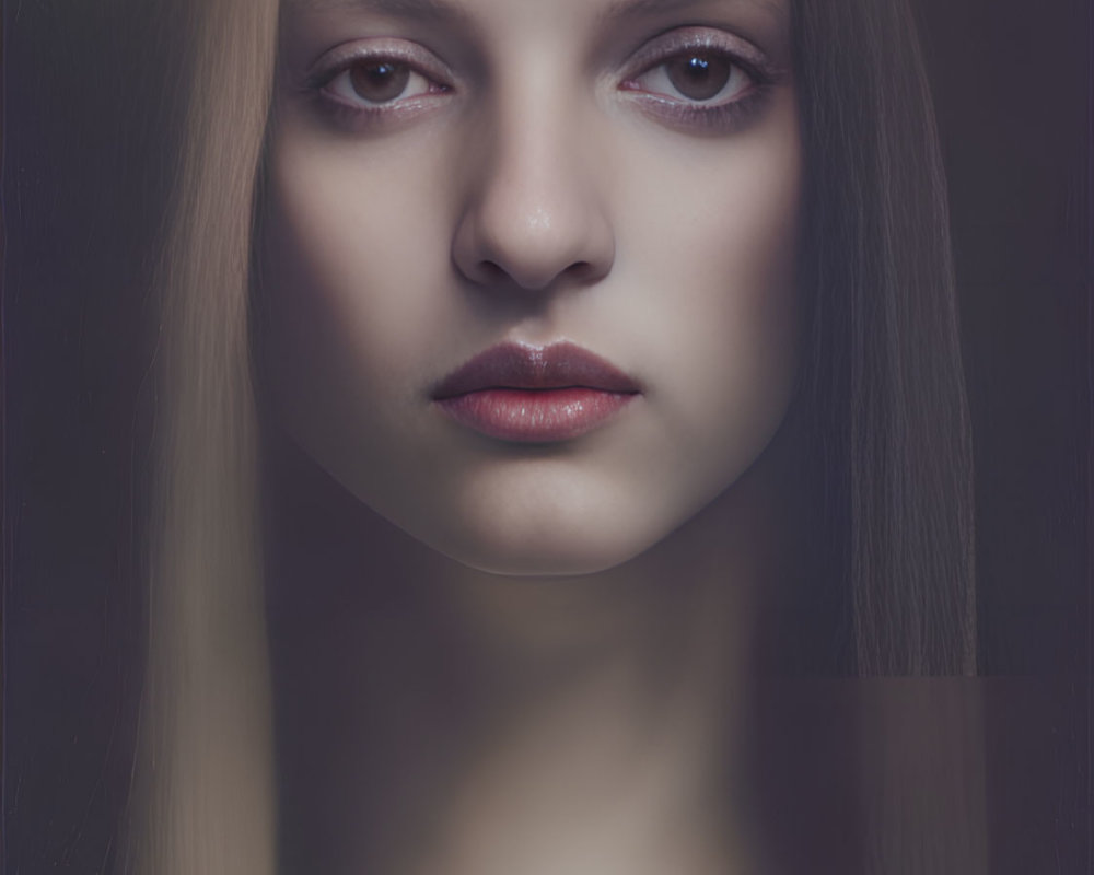 Portrait of Woman with Long Straight Hair and Dark Eyes on Dark Background