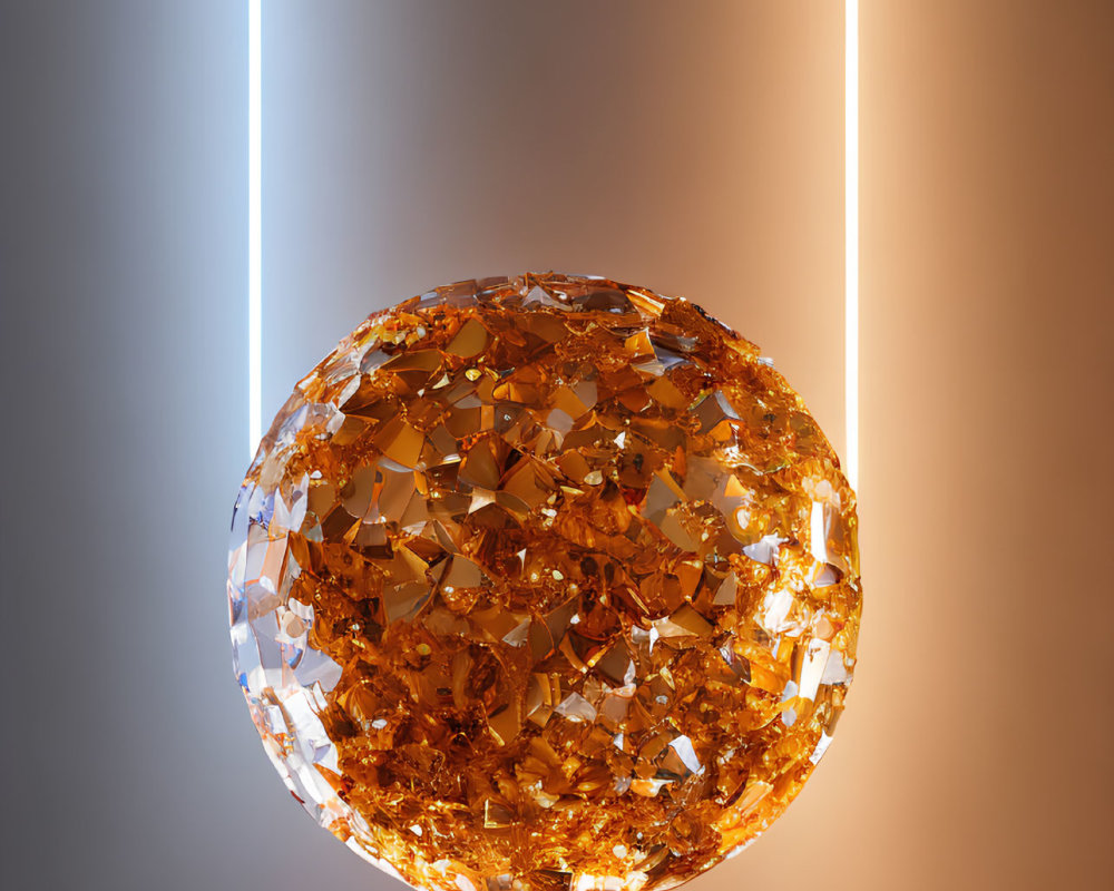 Spherical crystal with glowing orange facets on black pedestal under blue and orange lights