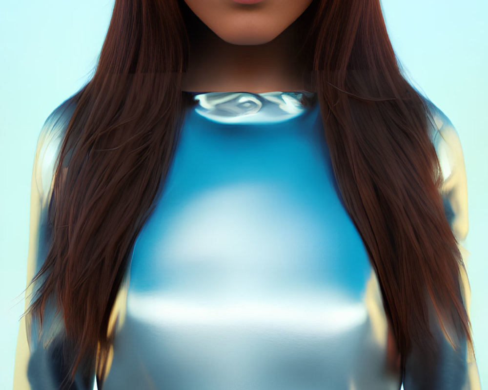 Brown-eyed woman in futuristic blue and gold suit on blue backdrop