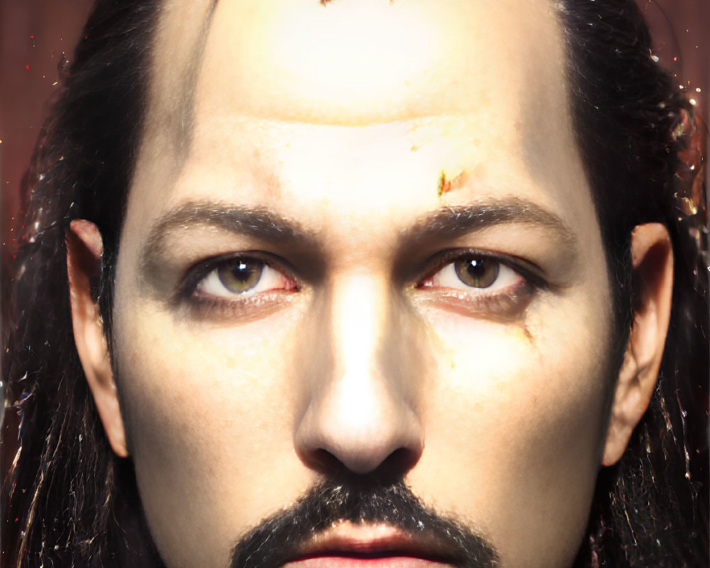 Portrait of a man with long wet hair and marked forehead on dark background