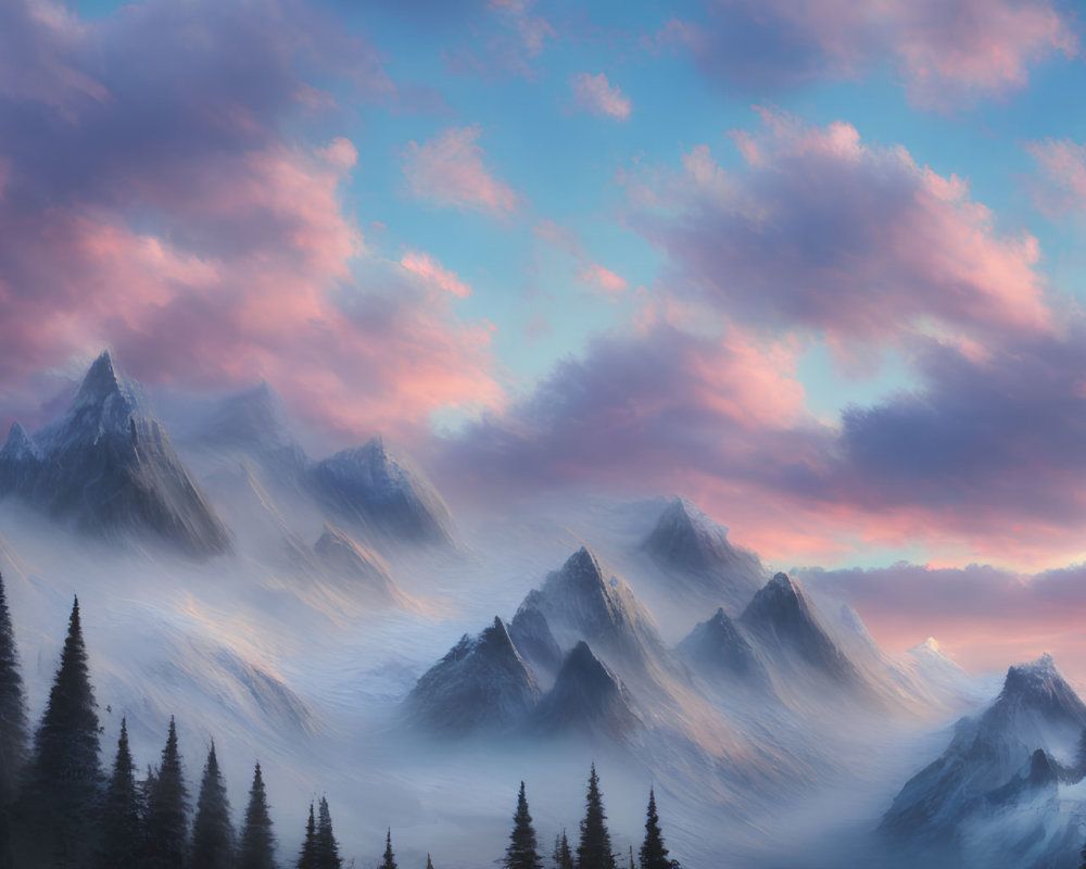 Majestic snow-capped mountains under vibrant pink and blue sky