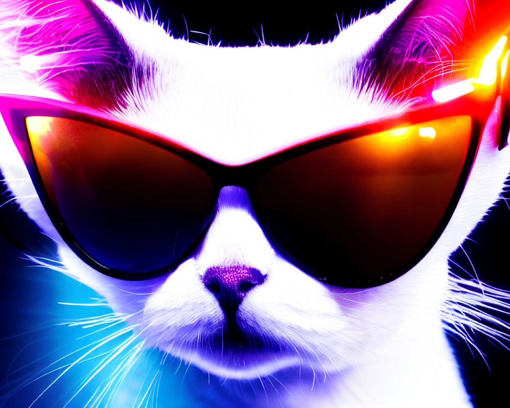 Colorful Cat with Sunglasses on Neon Background