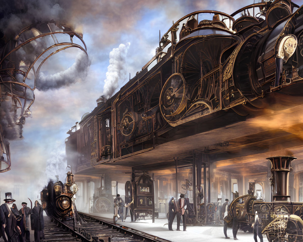 Steampunk-inspired scene with ornate steam trains on elevated tracks and people in vintage clothing in a