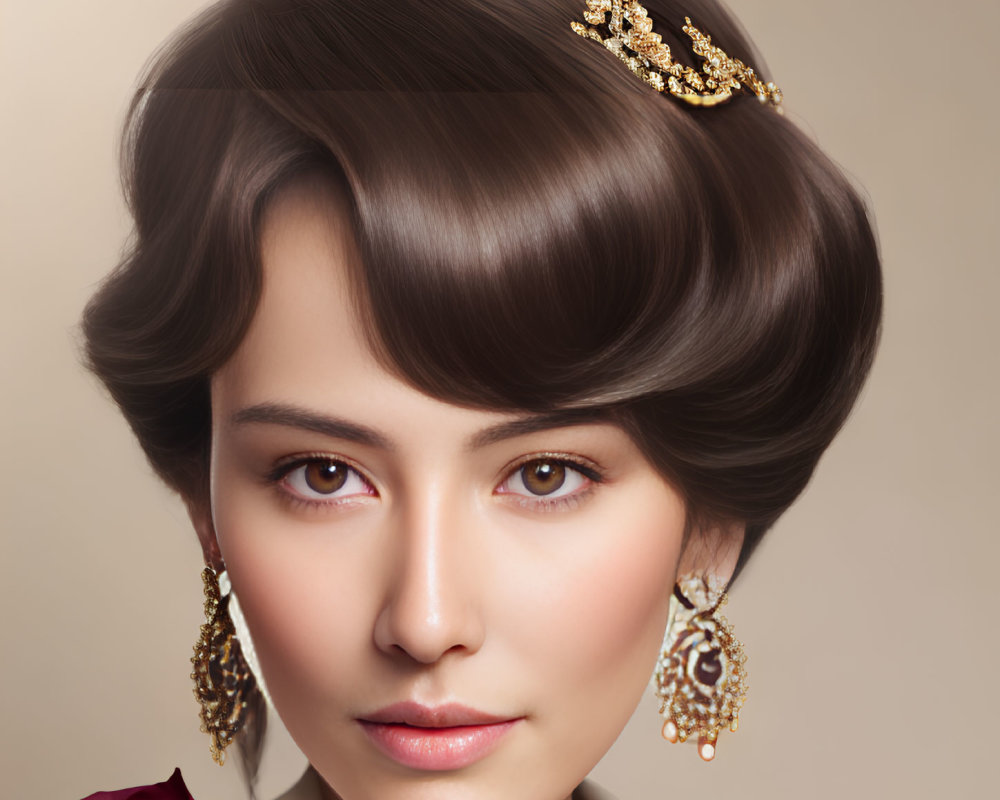 Woman with Elegant Updo and Gold Hair Accessory, Drop Earrings, and Roses