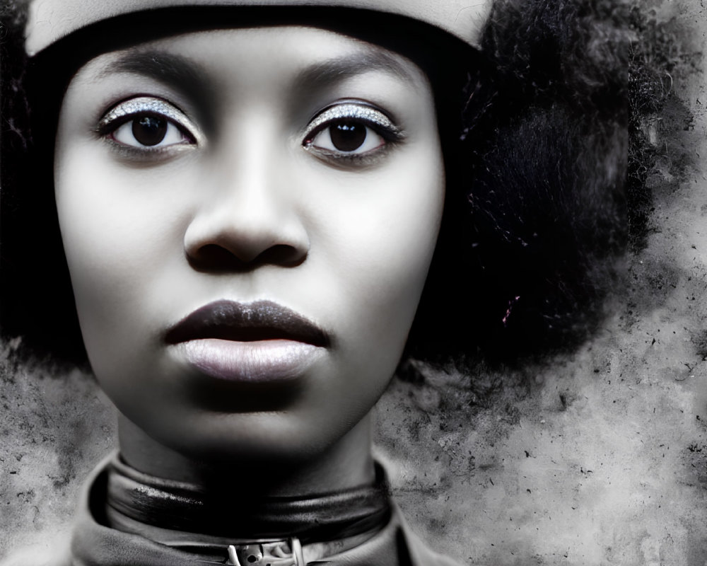 Close-up Portrait of Woman with Striking Eyes in Leather Cap and Fur-lined Ear Flaps