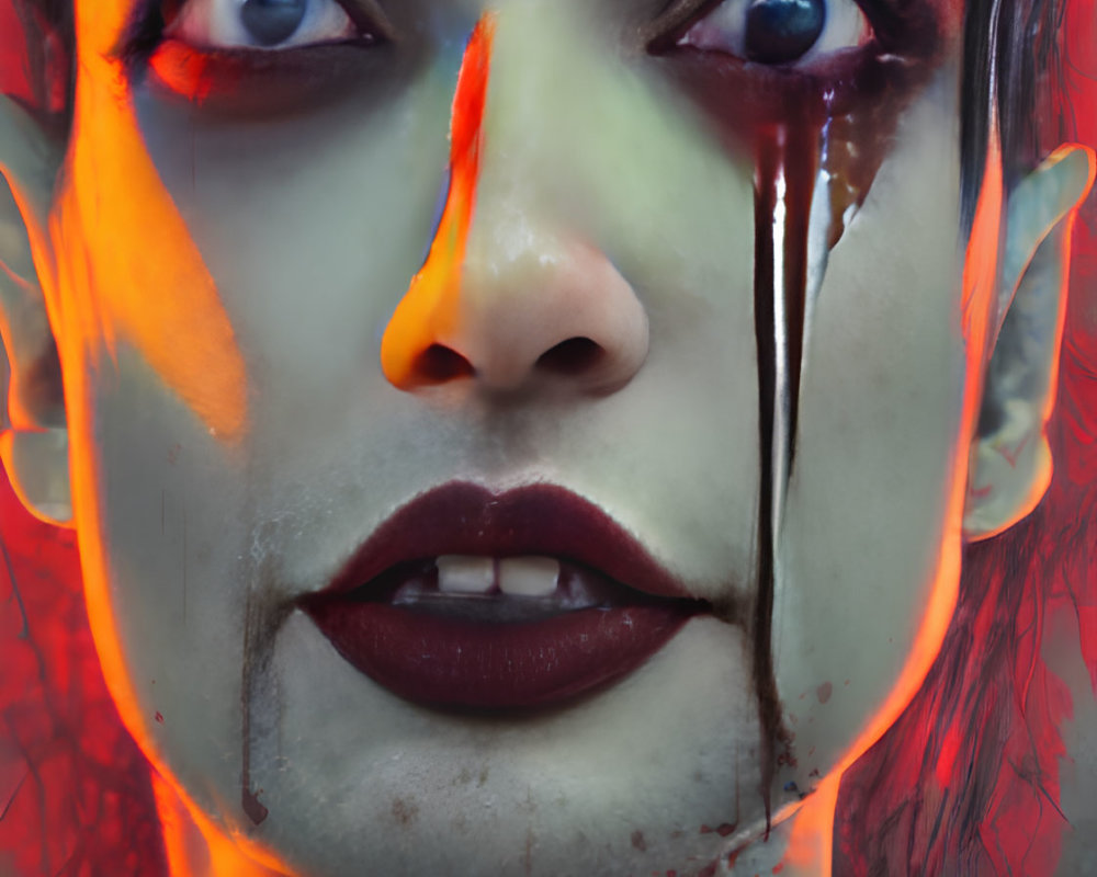 Intense portrait with blood-red embellishments on face