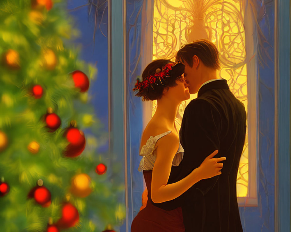 Romantic couple embracing near window with Christmas tree in warm light