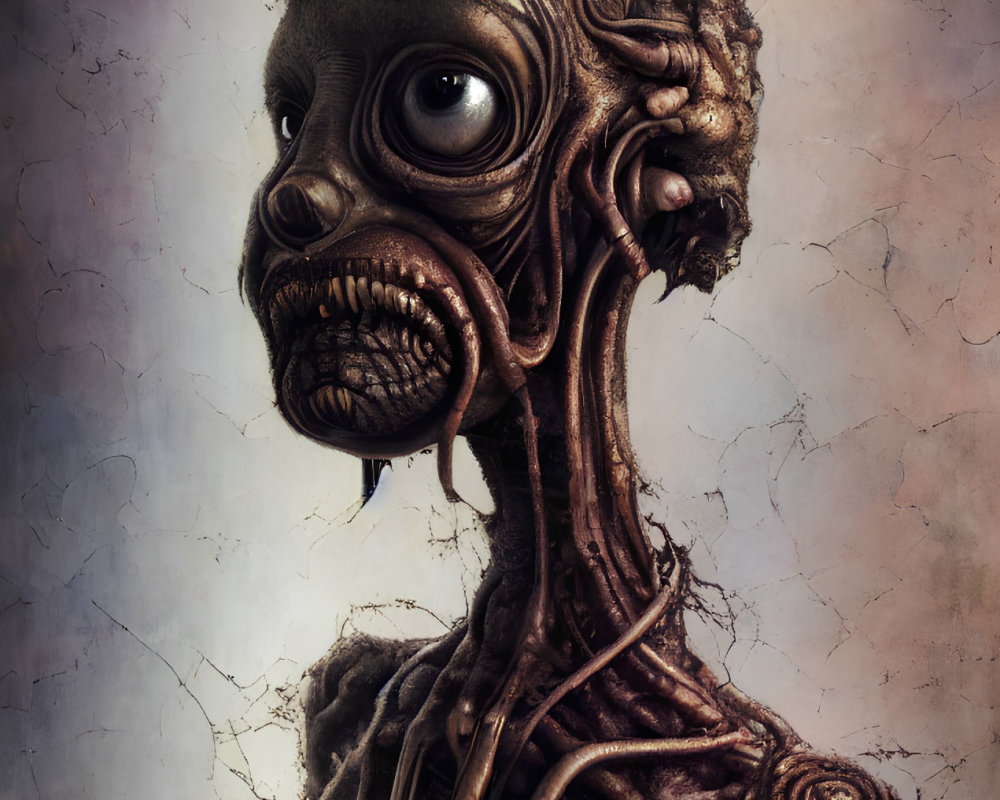 Detailed humanoid creature with exposed musculature and oversized eye on textured backdrop