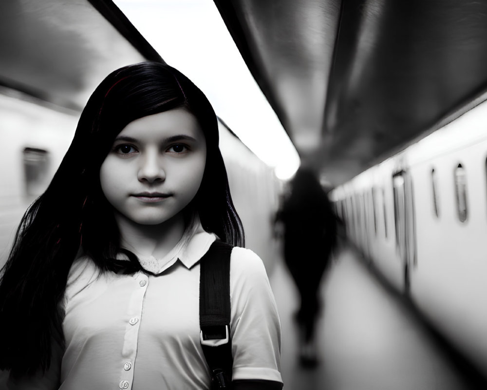 Young girl with dark hair at subway station with blurred figure and train