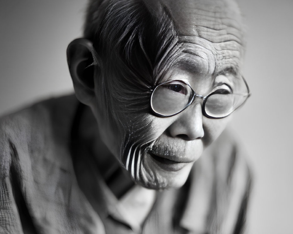 Elderly person with glasses and deep wrinkles in contemplative black and white portrait