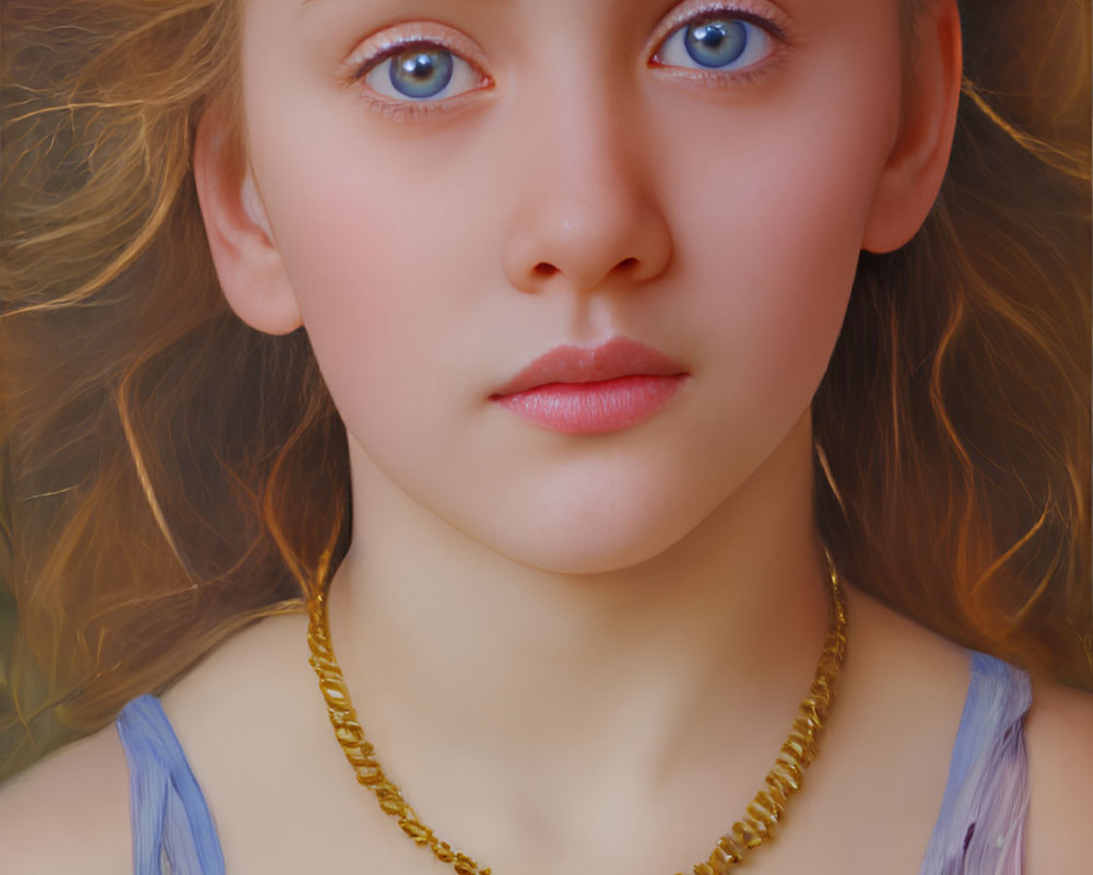 Young girl with blonde hair and blue eyes in blue dress and necklace.