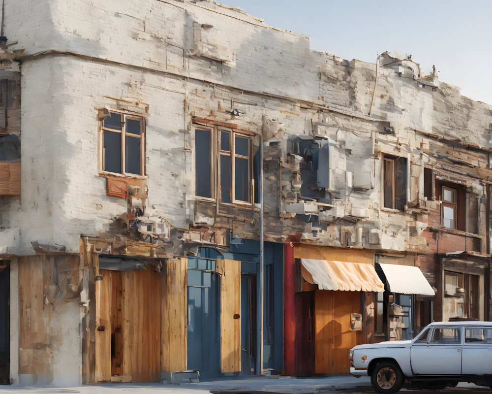 Vintage Cars Parked by Dilapidated Building with Exposed Bricks