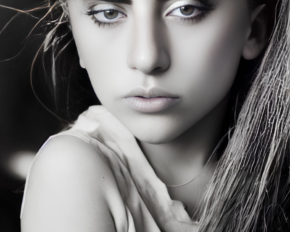 Monochrome close-up of woman with striking makeup and intense gaze