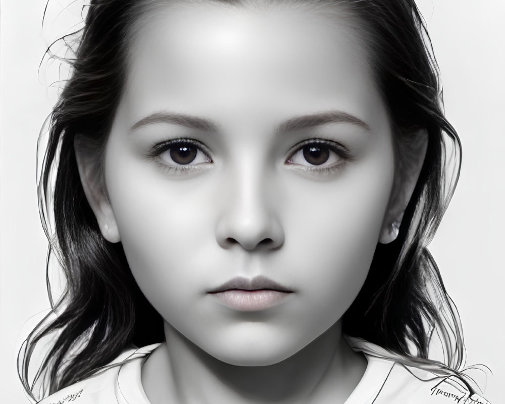 Monochrome high-resolution portrait of young girl with intense eyes in light top