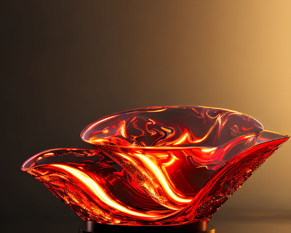 Digitally-rendered luminous glass bowl with red and orange swirling patterns on a reflective surface.