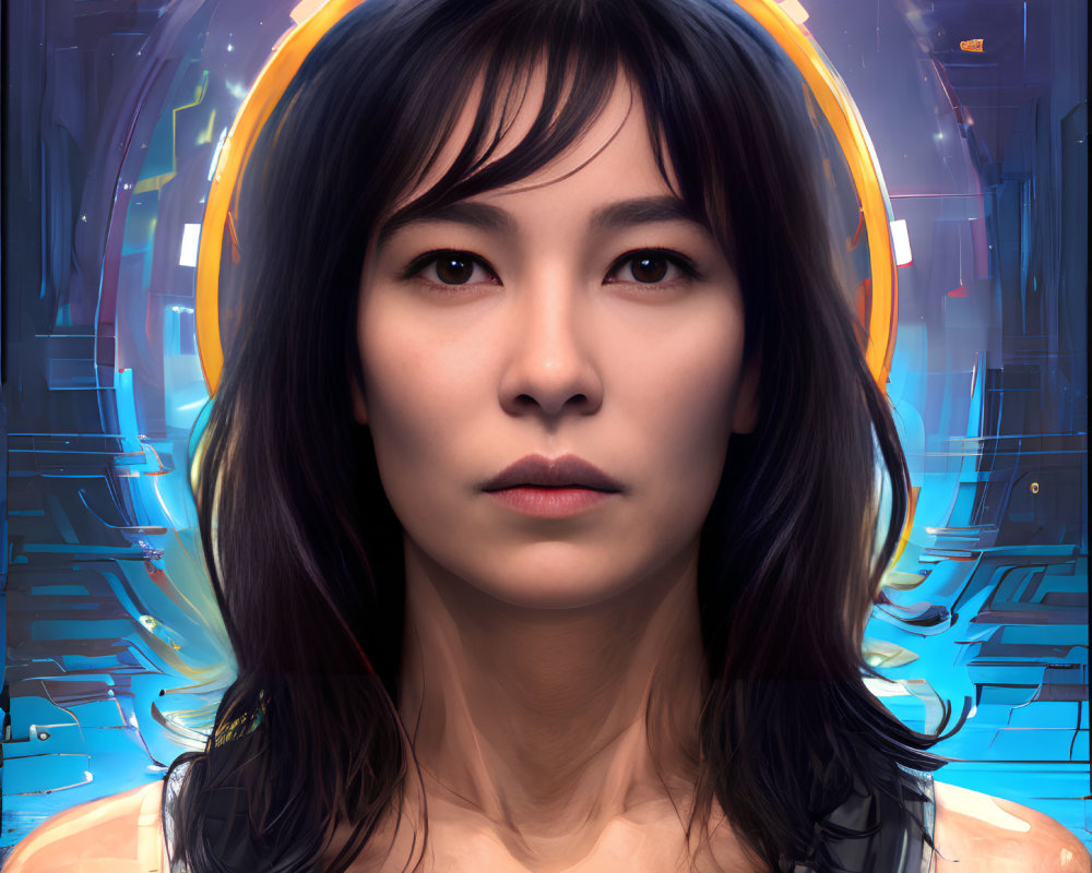 Intense gaze digital portrait of woman with futuristic circular glow on blue cybernetic backdrop