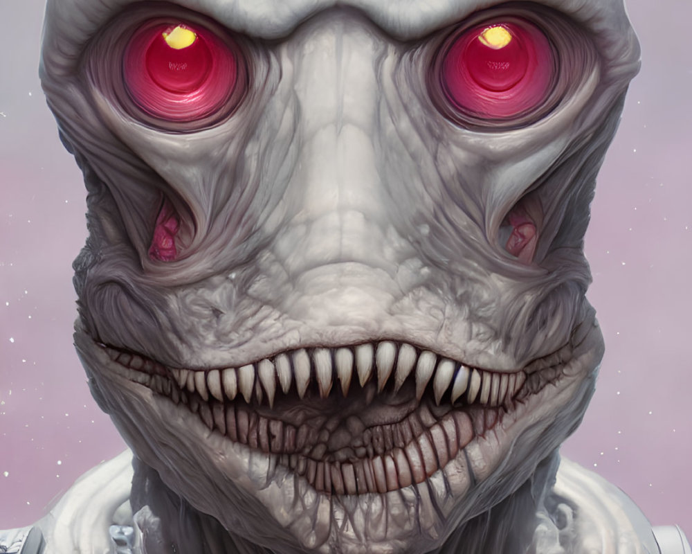 Alien illustration with red eyes, grey skin, and futuristic suit