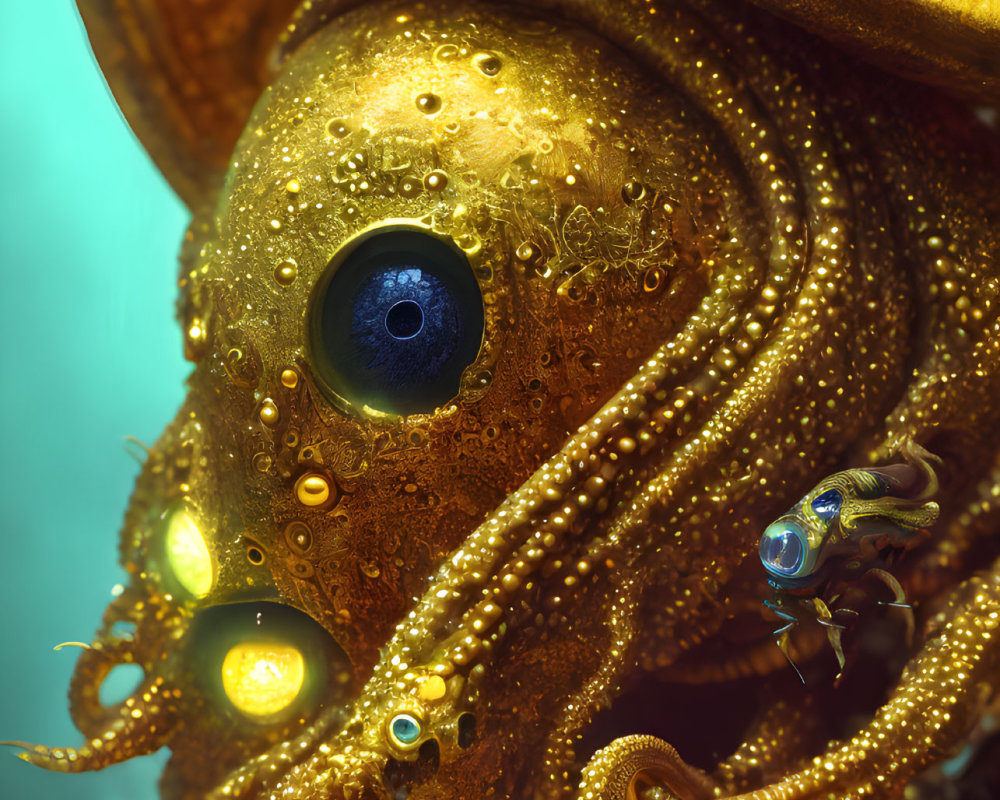 Detailed Golden Octopus with Shining Eyes on Blue Background