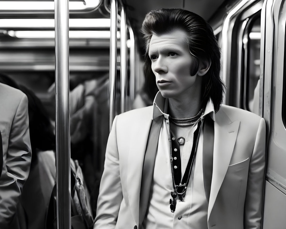 Fashionable individual in white suit with unique hairstyle on subway train gazes out window.