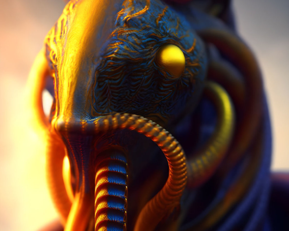 Colorful horned creature with yellow eye and striped tentacles.