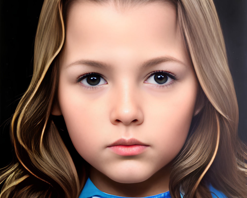 Young girl with long brown hair and big brown eyes in light blue top on dark background