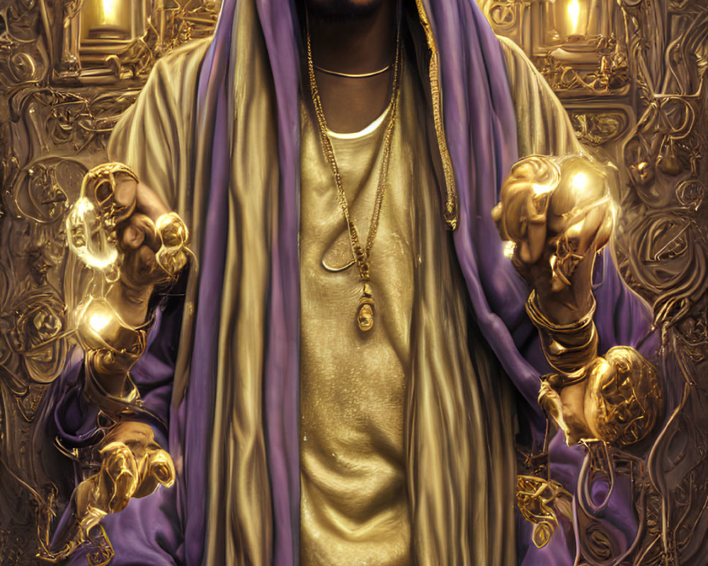 Illustration of man in purple headscarf with gold robes, surrounded by glowing skulls and intricate patterns