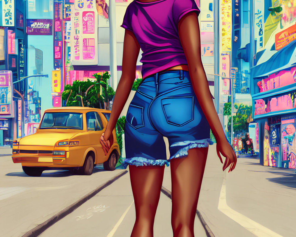 Vibrant city street digital artwork with woman and neon signs