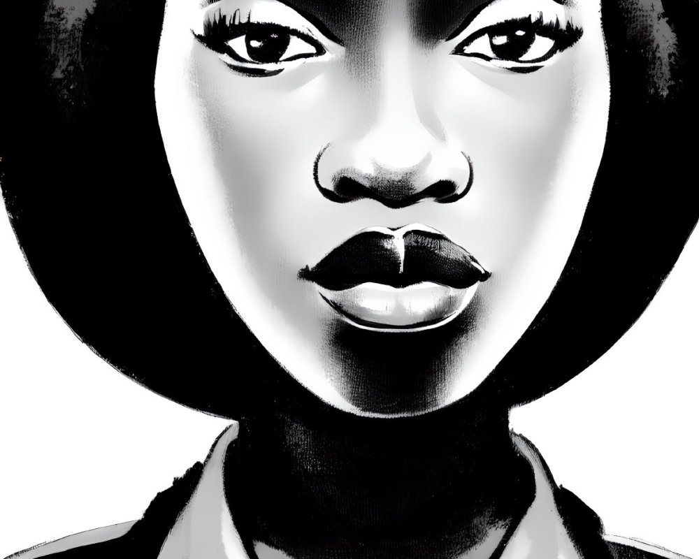 Monochromatic digital artwork of woman with prominent lips, defined eyebrows, and large circular earrings in coll