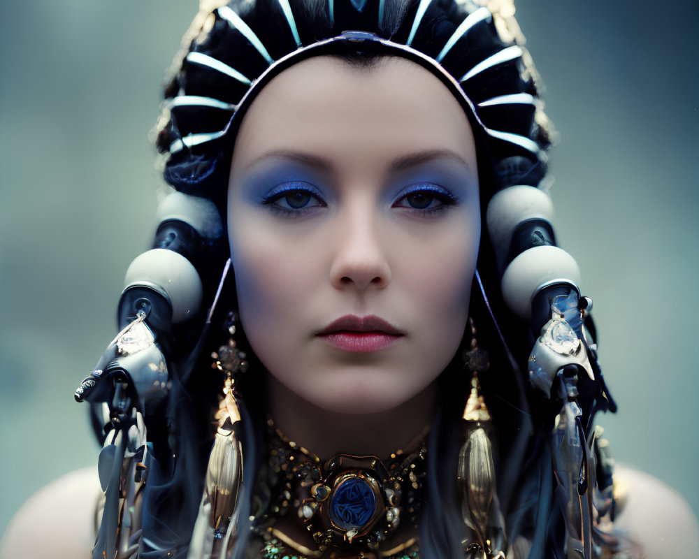 Futuristic cyborg portrait with black and white headdress and robotic arms