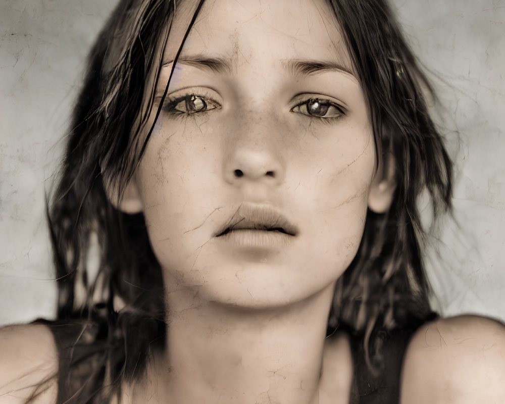 Close-up Portrait of Young Woman with Wet Hair Strands and Intense Eyes