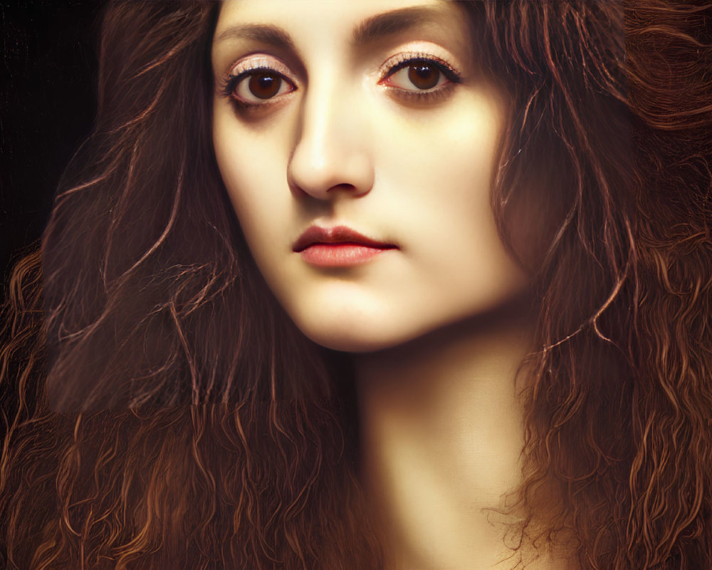 Portrait of Woman with Voluminous Curly Hair and Striking Eyes on Dark Background