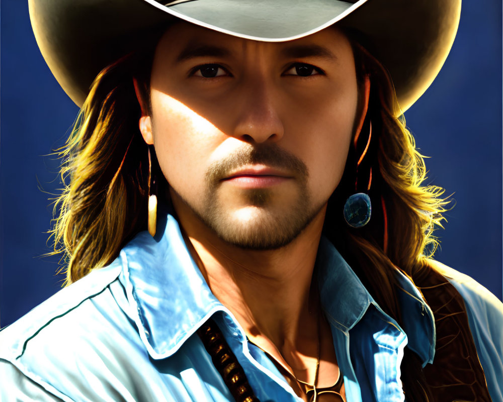 Man in cowboy hat, blue silk shirt, badge, earring, and leather vest embodies western style