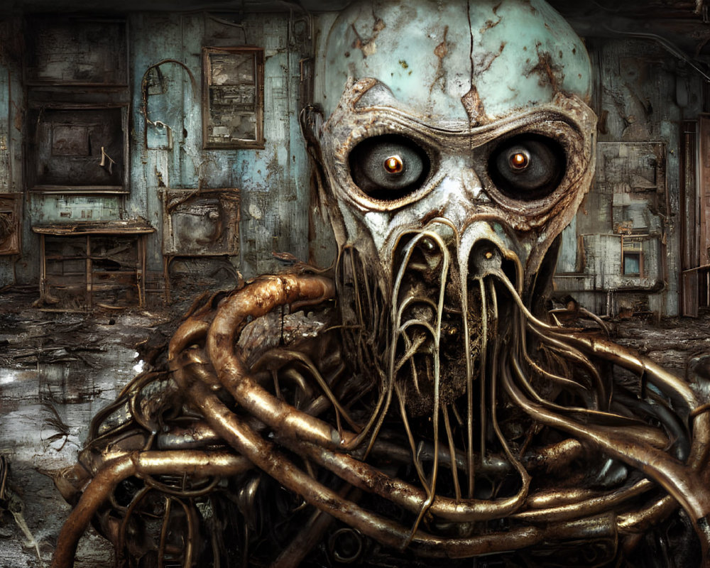 Surreal monstrous entity with skull face and tentacles in industrial setting