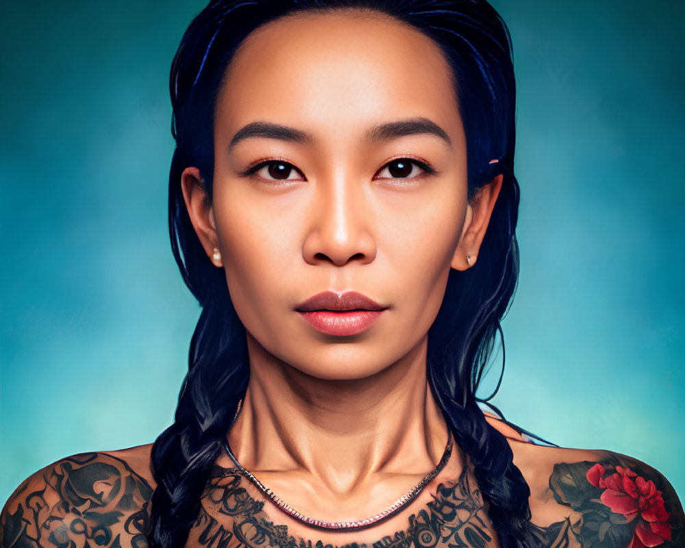 Dark-haired woman with tattoos and necklace on blue background