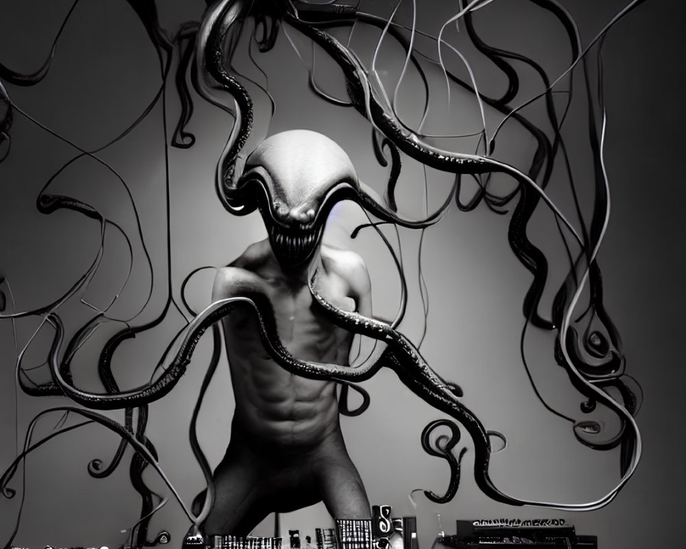 Alien figure with tentacles behind electronic music equipment in monochromatic setup