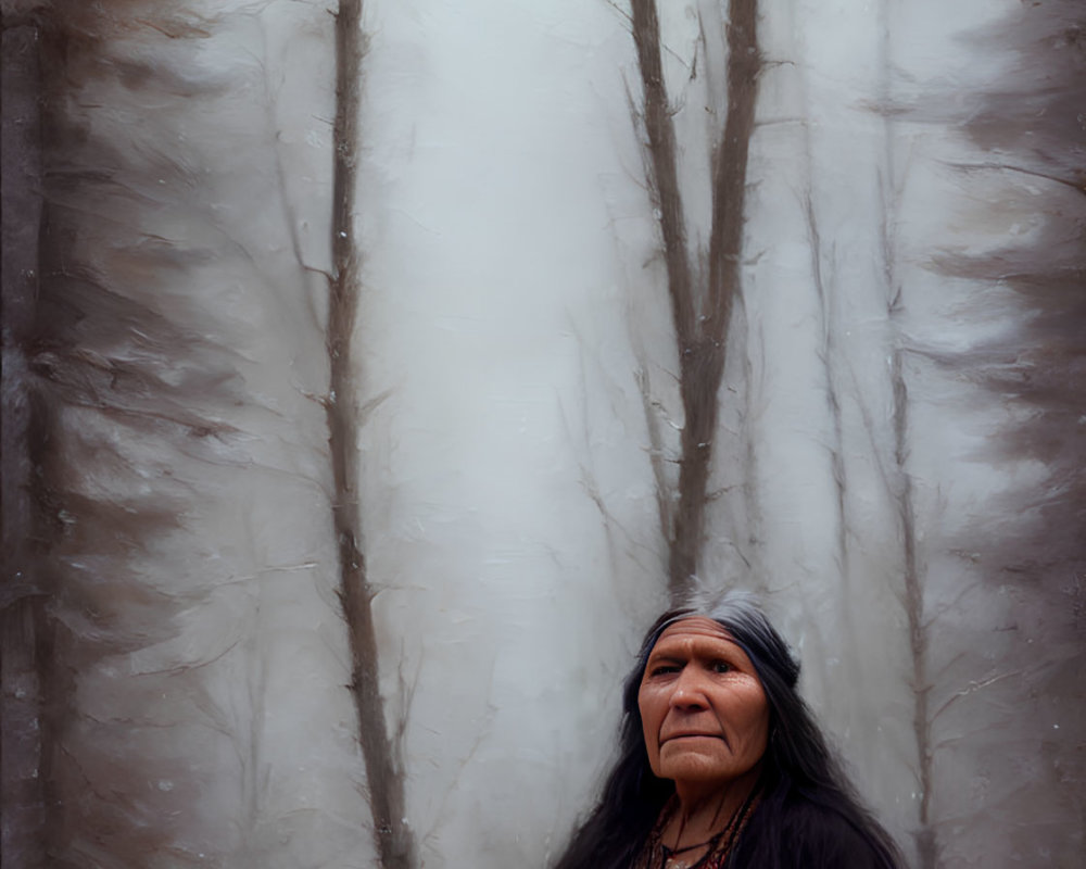 Indigenous person in traditional attire in misty snow-covered forest