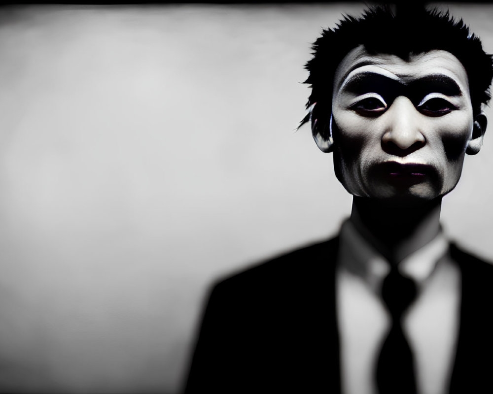 Dark Joker makeup person in black suit with disheveled hair on blurred backdrop