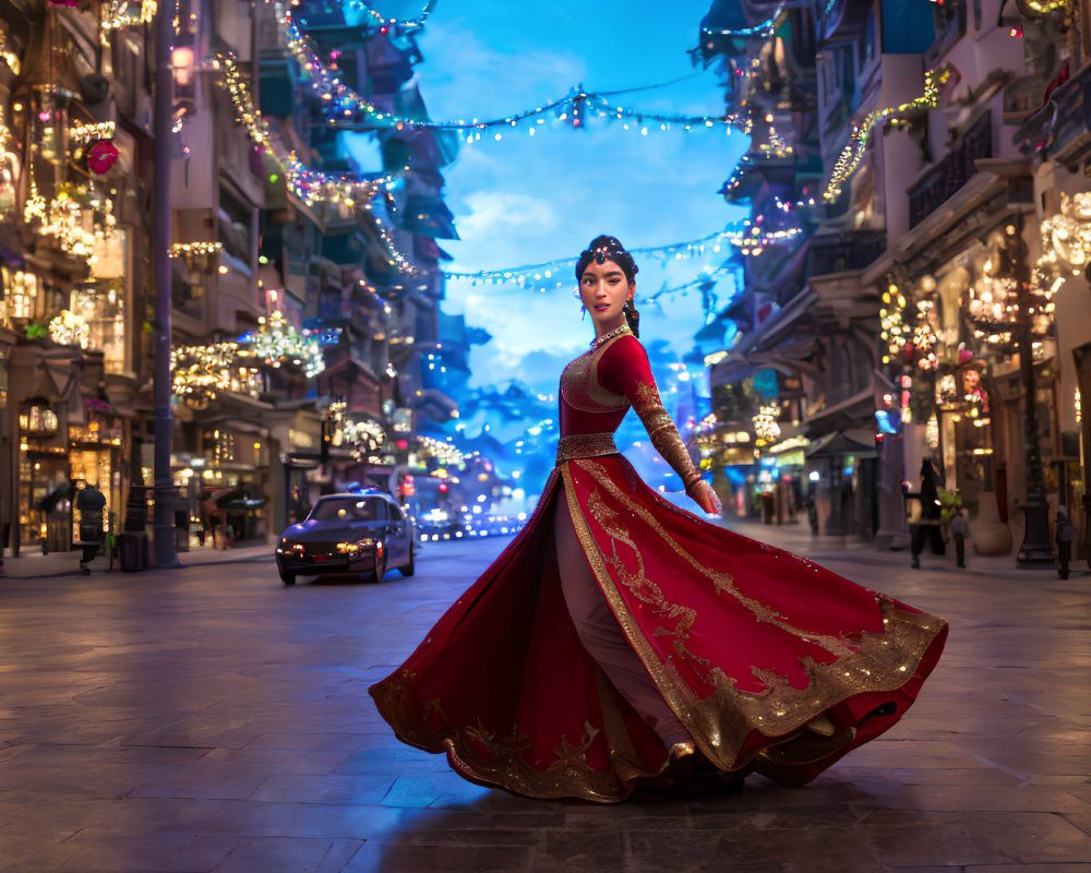 Red and Gold Dress Animated Character in Festive Street Scene