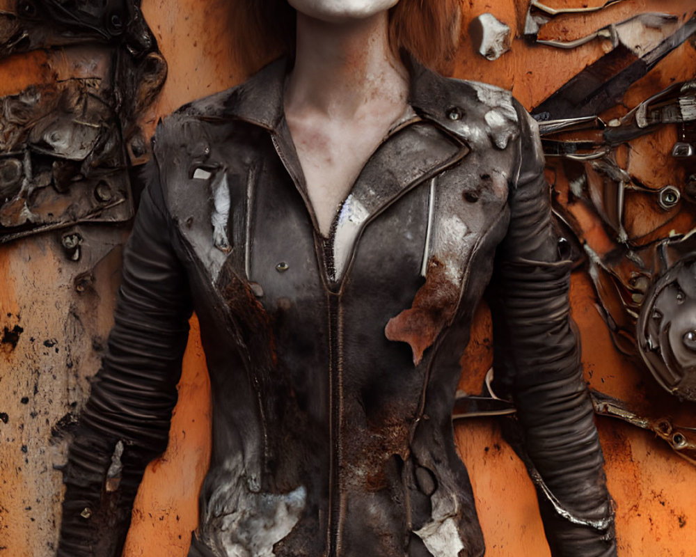 Skull-painted face person in distressed leather jacket against mechanical backdrop