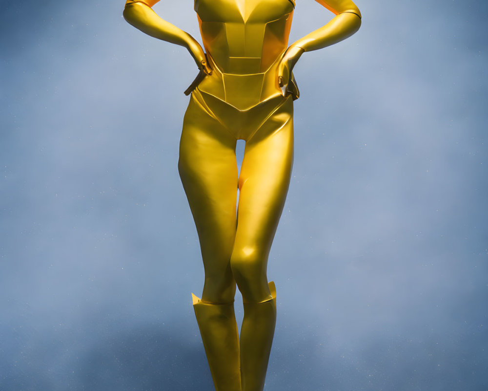 Golden humanoid statue on blue background with hands on hips