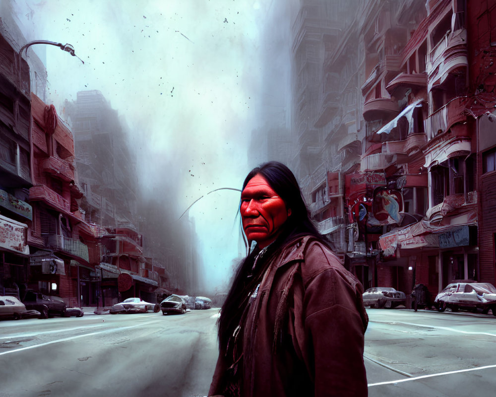 Person with red face paint in desolate city street with abandoned cars and ominous buildings.