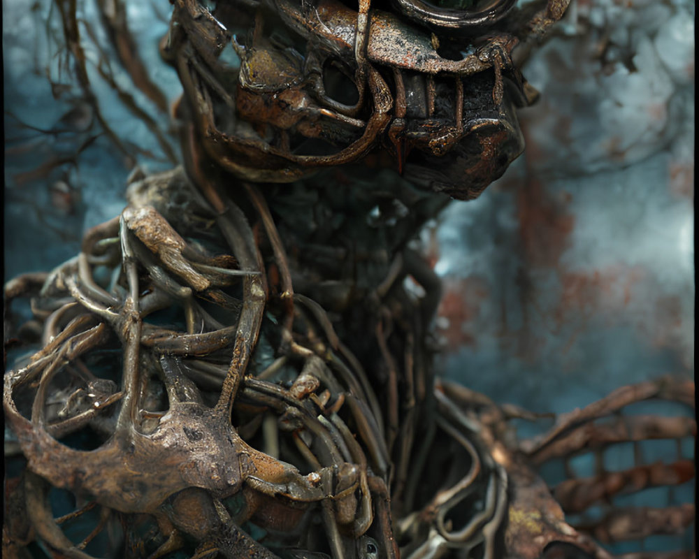 Intricate robotic figure with large eye amid metallic branches and wires